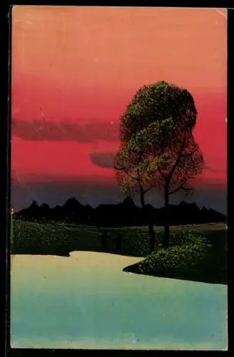 Künstler-AK Handgemalt: Gewässer mit Baum u. Bergpanorama