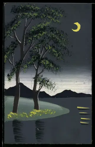 Künstler-AK Handgemalt: Gewässer im Mondschein, Bäume