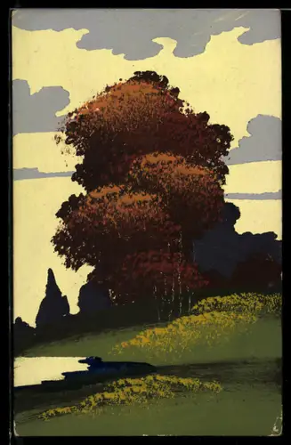 Künstler-AK Handgemalt: Herbstliche Partie mit Gewässer u. Baum