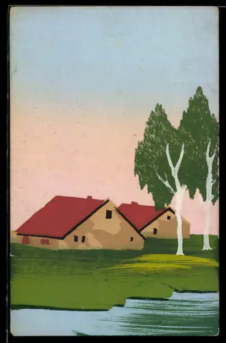 Künstler-AK Handgemalt: Flusspartie mit Häusern