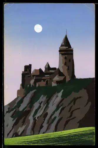 Künstler-AK Handgemalt: Burg bei Vollmond