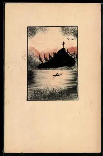 Künstler-AK Handgemalt: Bootspartie vor Berg mit Gipfelkreuz