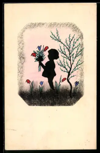 Künstler-AK Handgemalt: Kind beim Blumenpflücken