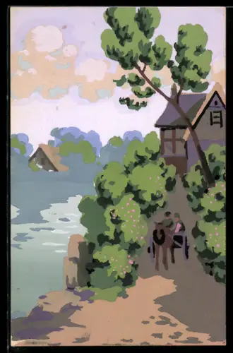 Künstler-AK Handgemalt: Häuser und Fuhrwerk an einem Gewässer