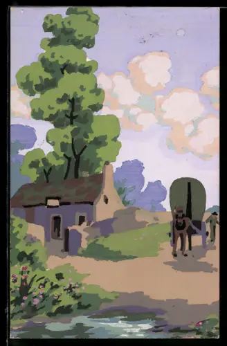 Künstler-AK Handgemalt: Pferdewagen auf der Strasse, Haus
