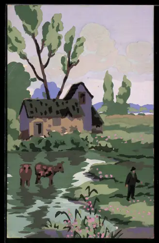 Künstler-AK Handgemalt: Gewässerpartie mit Tieren und Haus