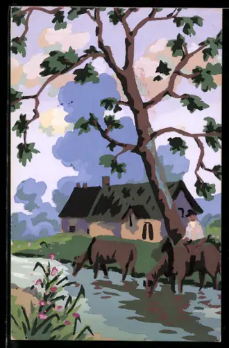 Künstler-AK Handgemalt: Flusspartie mit trinkenden Pferden