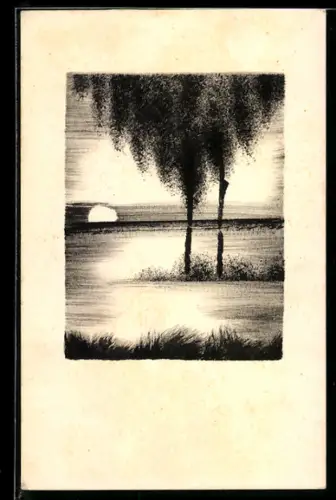 Künstler-AK Handgemalt: Seepartie mit untergehender Sonne