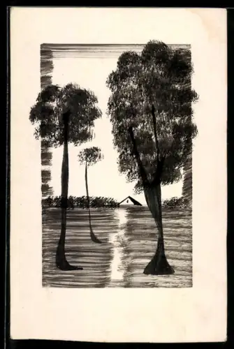 Künstler-AK Handgemalt: Landschaft mit Bäumen und Haus