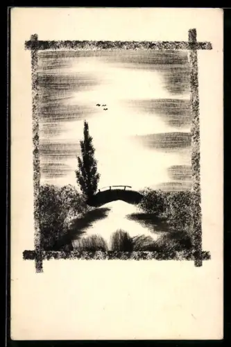 Künstler-AK Handgemalt: Flusspartie mit Brücke