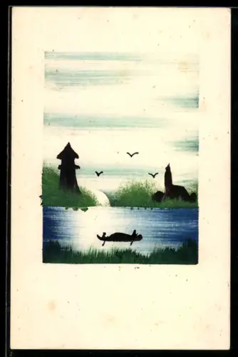 Künstler-AK Handgemalt: Flusspartie mit Turm, Boot und Kirche