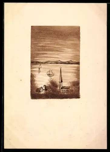 Künstler-AK Handgemalt: Gewässer mit Kirche u. Segelbooten