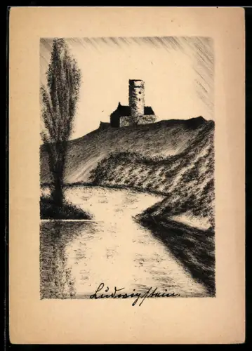 Künstler-AK Handgemalt: Flusspartie mit Turmgebäude