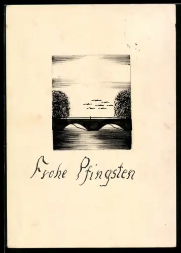 Künstler-AK Handgemalt: Brücke und Vögel, Pfingstgruss