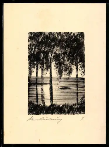 Künstler-AK Handgemalt: Monddämmerung über einem See