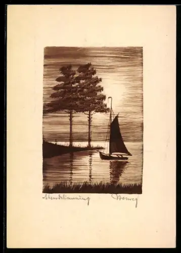 Künstler-AK Handgemalt: Segelboot im Abendlicht am Seeufer