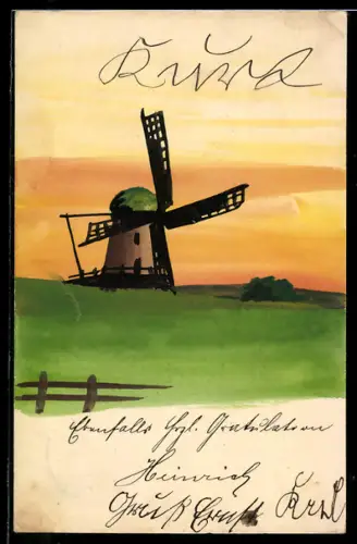 Künstler-AK Handgemalt: Windmühle und Landschaft