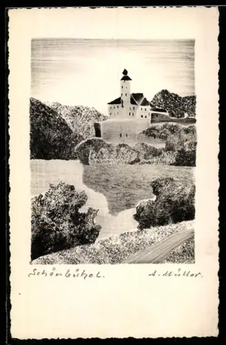 Künstler-AK Handgemalt: Schönbühel, Turmgebäude am Wasser, A. Müller