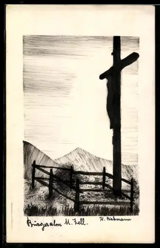 Künstler-AK Handgemalt: Bürgeralm, Gipfelkreuz