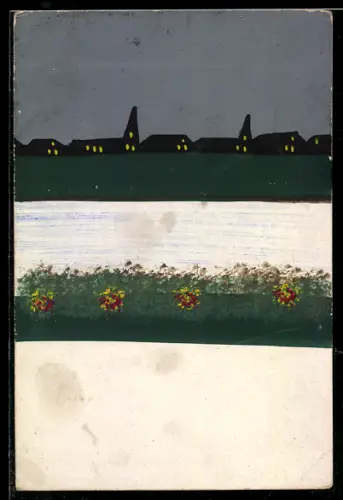 Künstler-AK Handgemalt: Manchester, Gefangenenlager, Teilansicht mit Kirche u. Toten-Kapelle