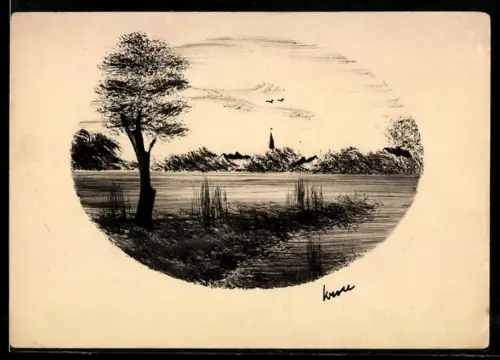 Künstler-AK Handgemalt: Gewässerpartie mit Ortschaft am Ufer