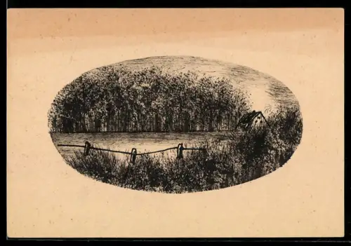 Künstler-AK Handgemalt: Haus und Wald am Wasser