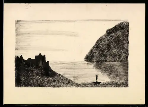 Künstler-AK Handgemalt: Gewässer mit Ruine am Ufer