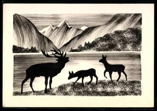 Künstler-AK Handgemalt: Röhrender Hirsch und Füchse an einem Bergsee, Mond
