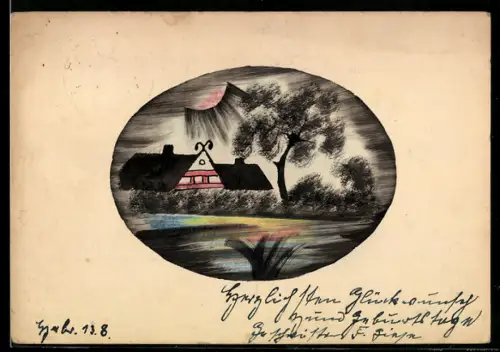 Künstler-AK Handgemalt: Fachwerkhaus am Wasser