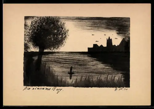 Künstler-AK Handgemalt: Die einsame Burg