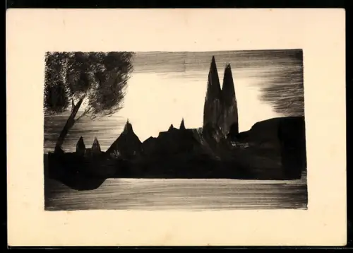 Künstler-AK Handgemalt: Ort am Wasser, Panorama mit Kirche