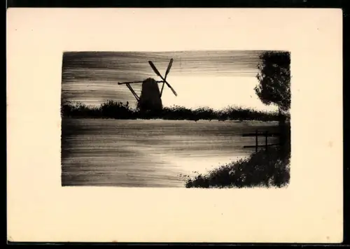 Künstler-AK Handgemalt: Windmühle am Wasser