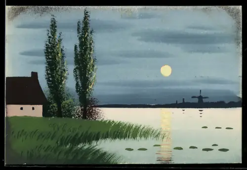 Künstler-AK Handgemalt: See mit Haus u. Bäumen, Tiefstehende Sonne