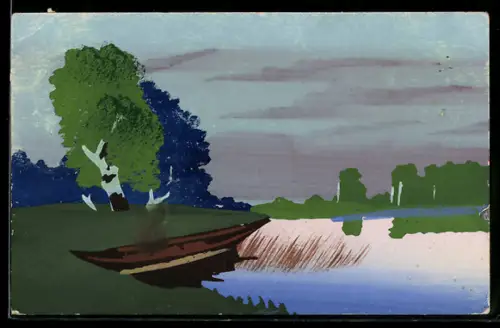 Künstler-AK Handgemalt: Ruderboot am Ufer