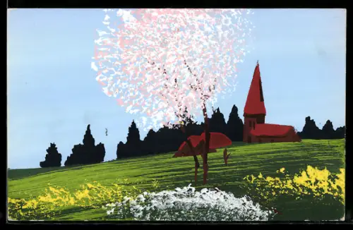 Künstler-AK Handgemalt: Frühlingswiese mit Kirche