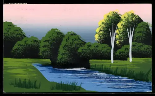 Künstler-AK Handgemalt: Birken am Ufer