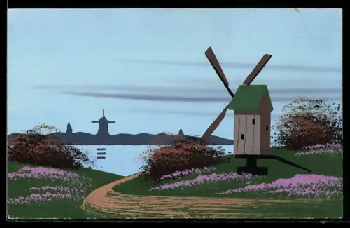 Künstler-AK Handgemalt: Windmühlen am Ufer