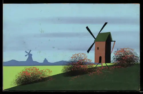 Künstler-AK Handgemalt: Landschaft mit Windmühlen