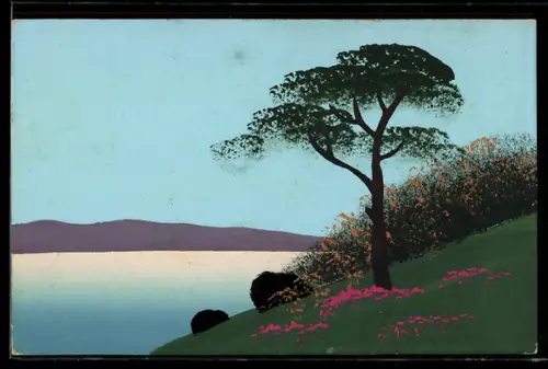 Künstler-AK Handgemalt: Blühende Wiese mit Seeblick