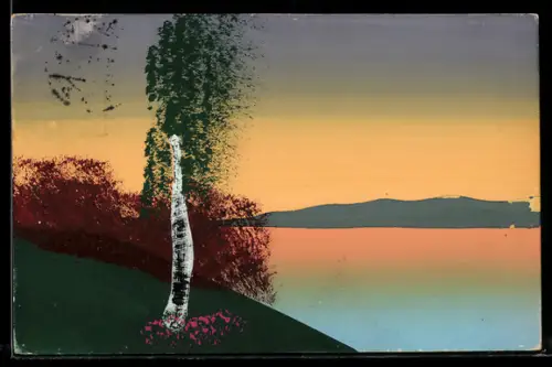 Künstler-AK Handgemalt: Birke im Abendlicht