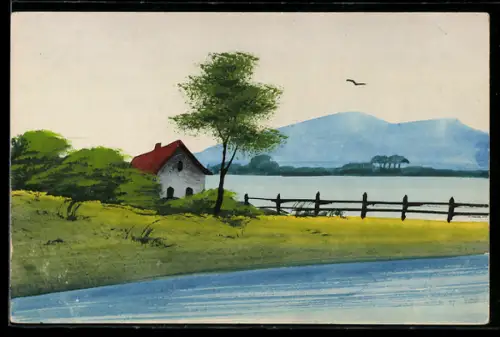 Künstler-AK Handgemalt: Haus mit rotem Dach am Seeufer