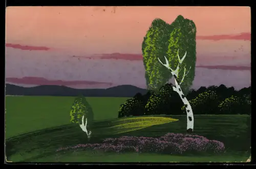 Künstler-AK Handgemalt: Birken im Abendlicht