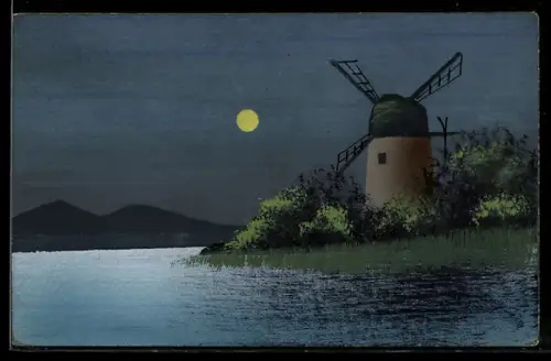 Künstler-AK Handgemalt: Windmühle im Mondschein