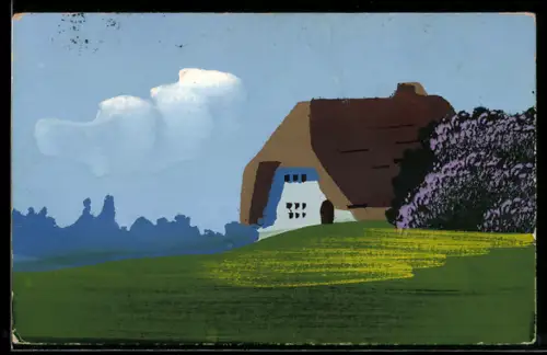 Künstler-AK Handgemalt: Bauernhof im Frühjahr