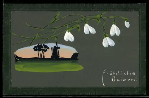 Künstler-AK Handgemalt: Landschaft mit Windmühle, Schneeglöckchen und Ostergruss