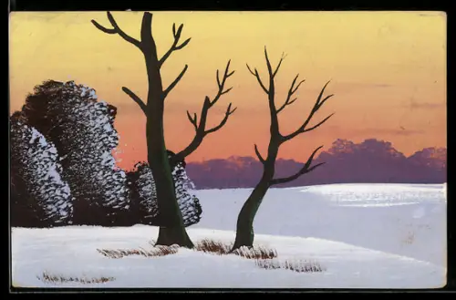 Künstler-AK Handgemalt: Winterlandschaft im Abendlicht