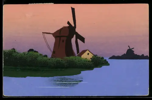 Künstler-AK Handgemalt: Mühle am Seeufer, Silhouette einer weiteren Mühle im Hintergrund