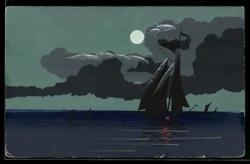 Künstler-AK Handgemalt: Segelboot im Mondschein