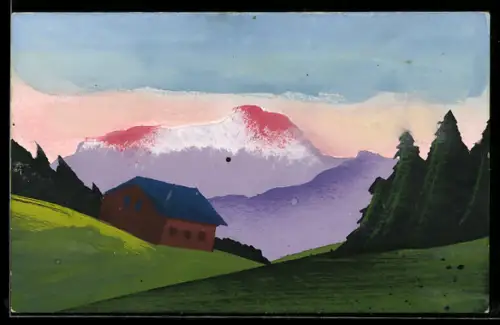 Künstler-AK Handgemalt: Einsames Haus in den Bergen