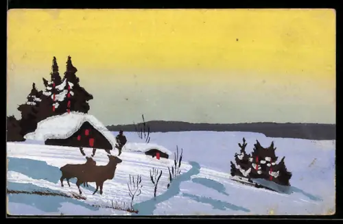 Künstler-AK Handgemalt: Winterlandschaft mit Rehen